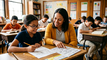 Teacher marking student writing at a desk