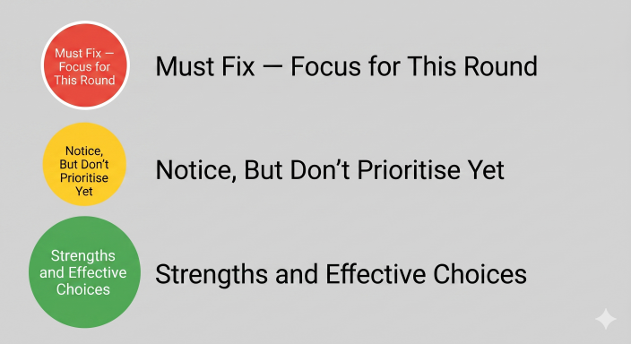 Infographic showing a three-tier feedback system: red for must fix, yellow for notice later, green for strengths