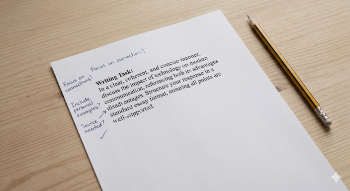 A printed writing task on a desk with handwritten margin notes and a pencil alongside it.