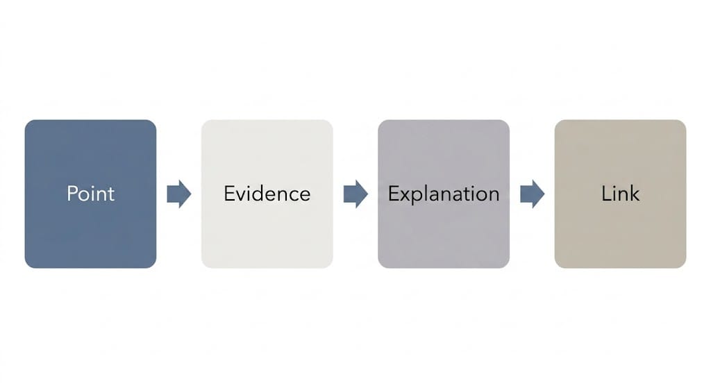 PEEL paParagraph framework diagram showing four components: Point, Evidence, Explanation, and Link