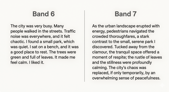 Side-by-side comparison of a Band 6 and Band 7 IELTS Task 2 paragraph showing the difference between listing and developing ideas
