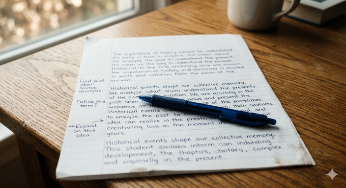 A handwritten student essay on a wooden desk with a pen  resting across the page and neat margin annotations in dark ink.