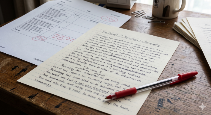 A teacher's desk with a handwritten essay, red pen, and score sheet — representing IELTS writing assessment