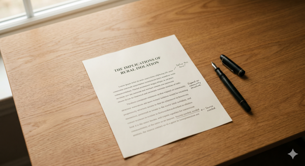 A printed student essay on a desk with a pen and minimal handwritten feedback notes