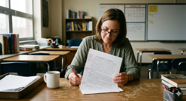 Teacher sitting at a desk reviewing and annotating a student essay with a pen